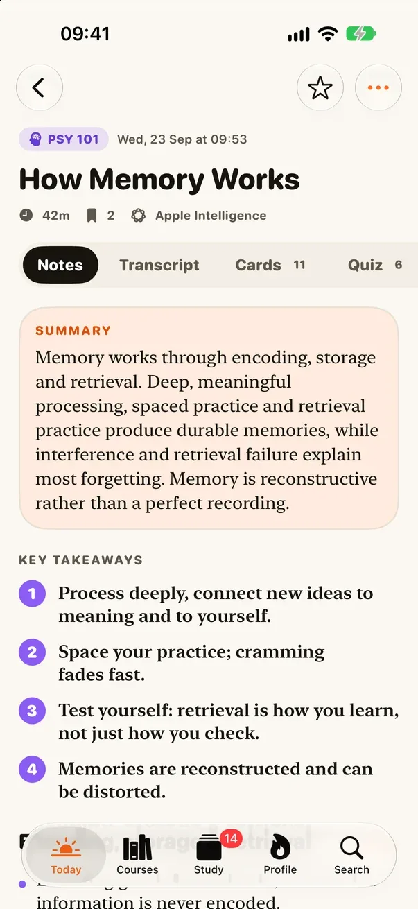 Lecture notes with a summary and four numbered key takeaways.
