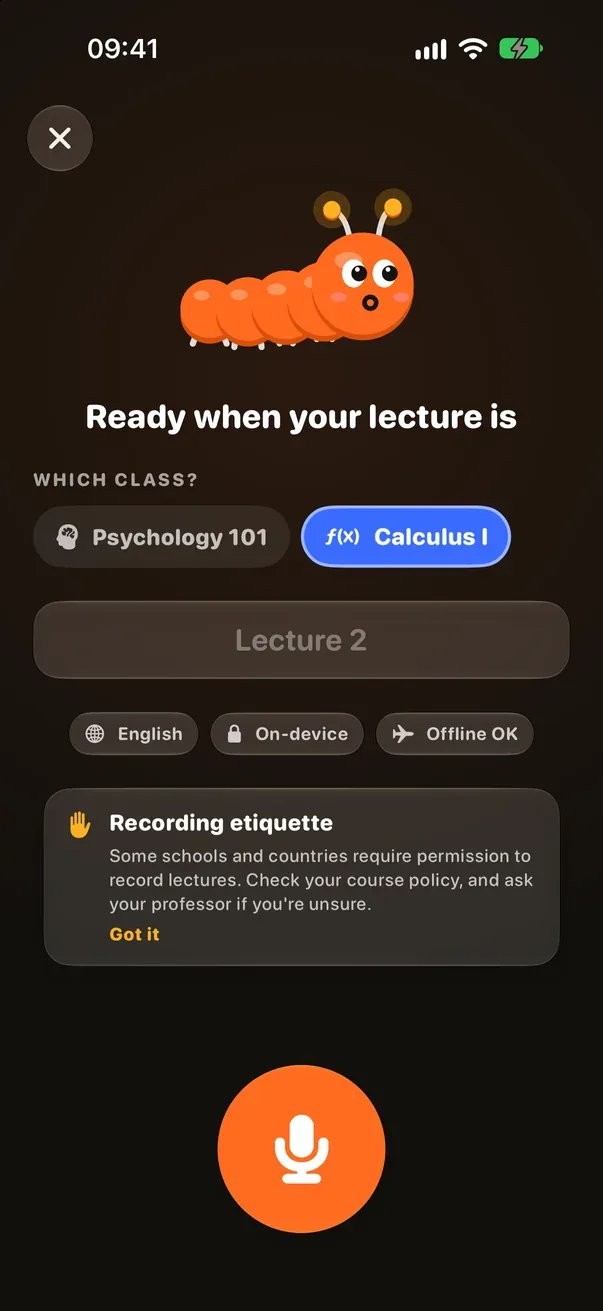 Centi recorder: choose the class, then one large record button.