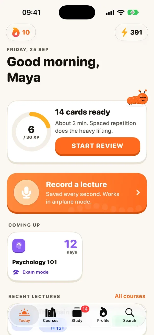 Centi’s Today screen: 14 flashcards ready for review, a Record a lecture button and an exam in 12 days.