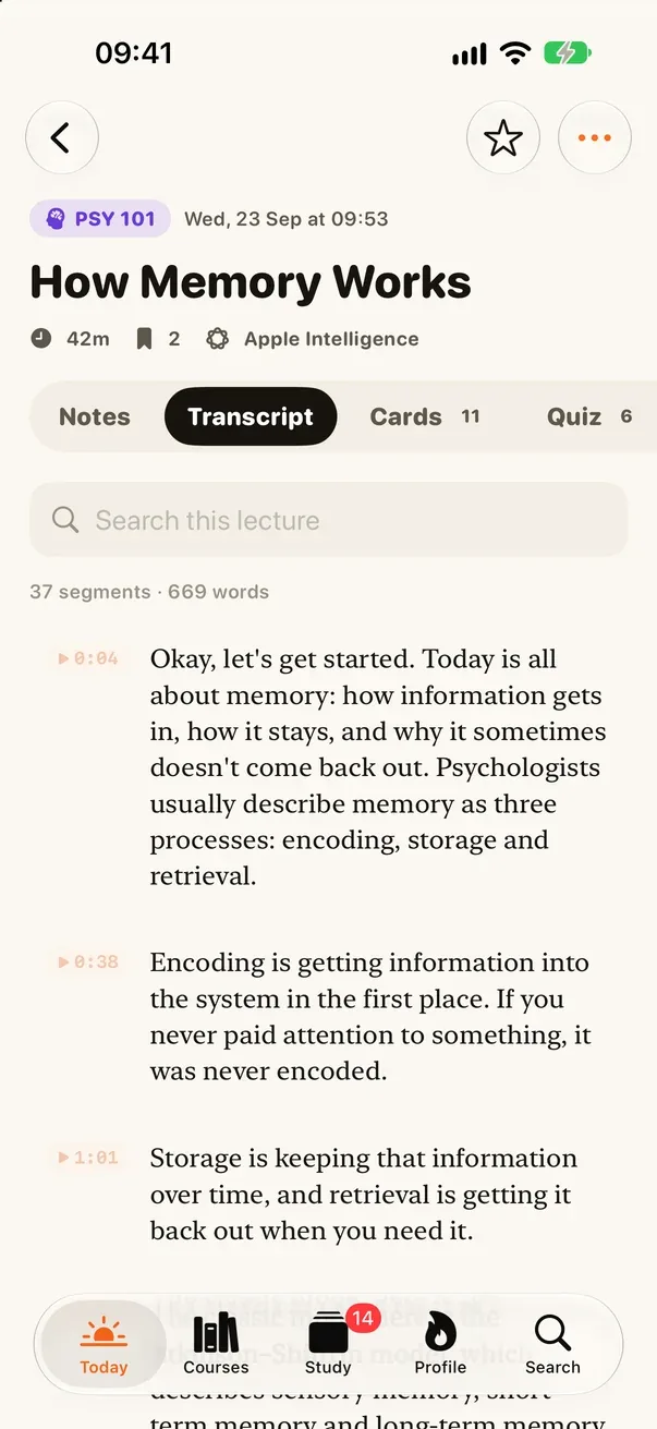 Transcript of the lecture How Memory Works, each paragraph timestamped.