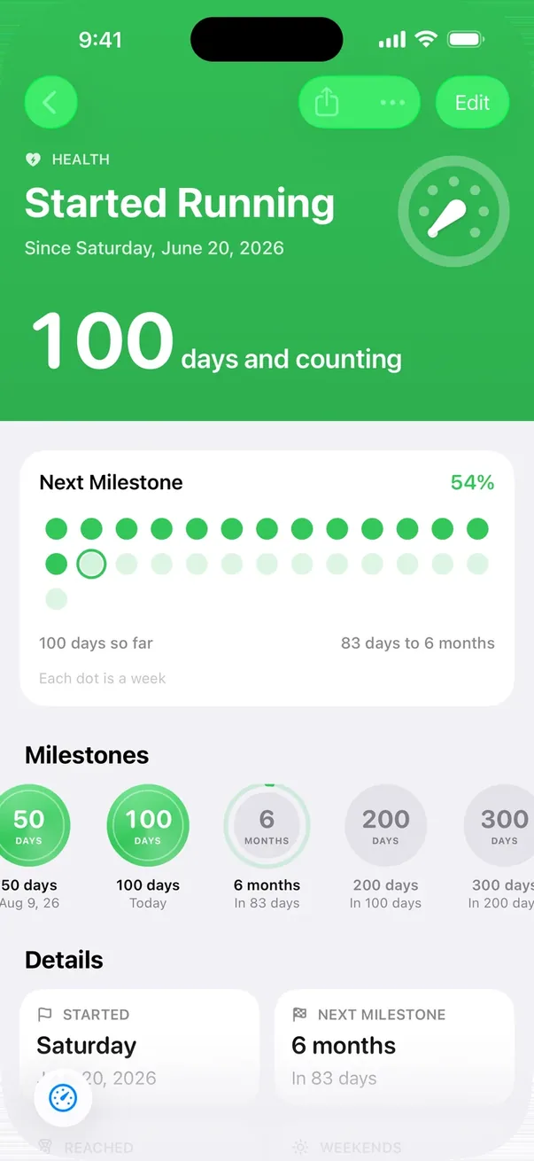 A count-up in Trackdown: Started Running, 100 days and counting, 54% of the way to the six-month milestone.