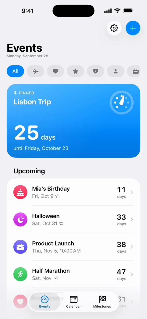 Trackdown events list: Lisbon Trip pinned at 25 days, then the next events sorted by soonest.