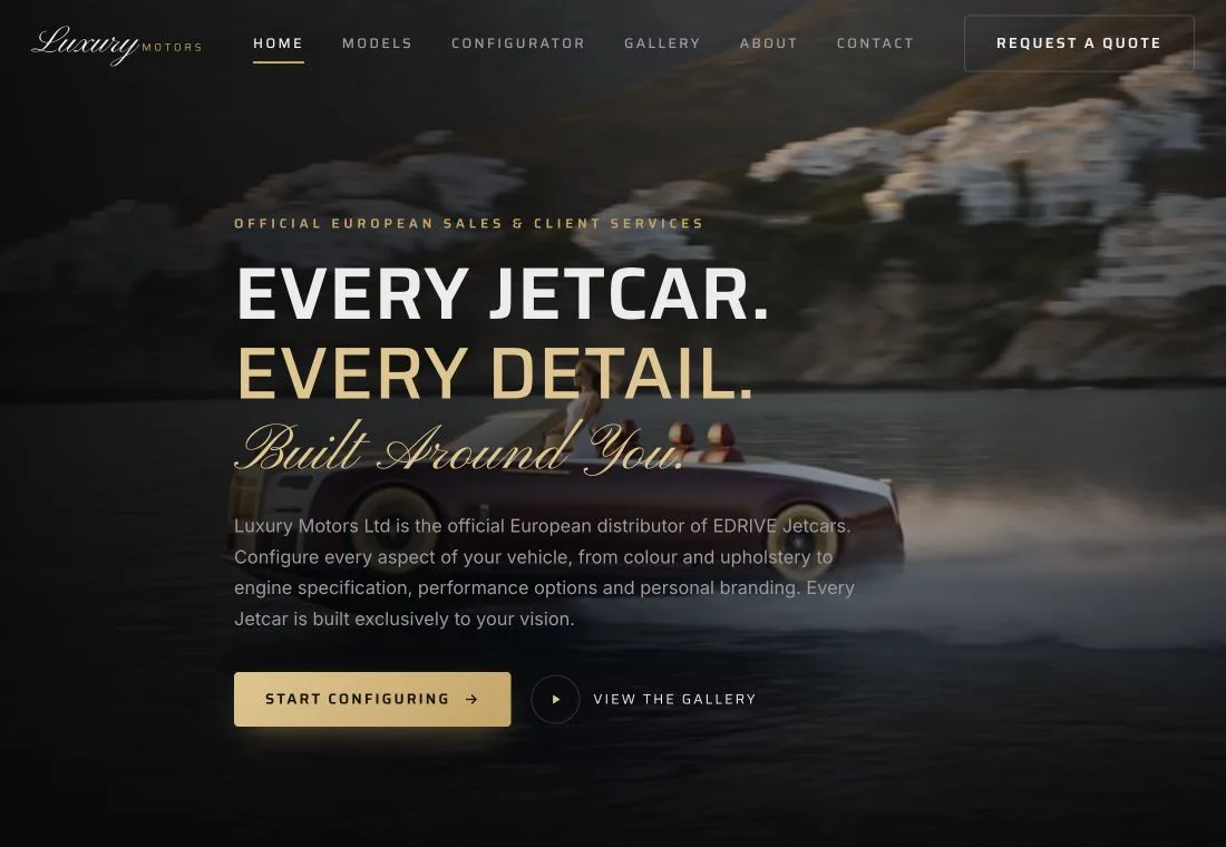 Luxury Motors homepage on jetcareurope.com, showing its jetcar collection.